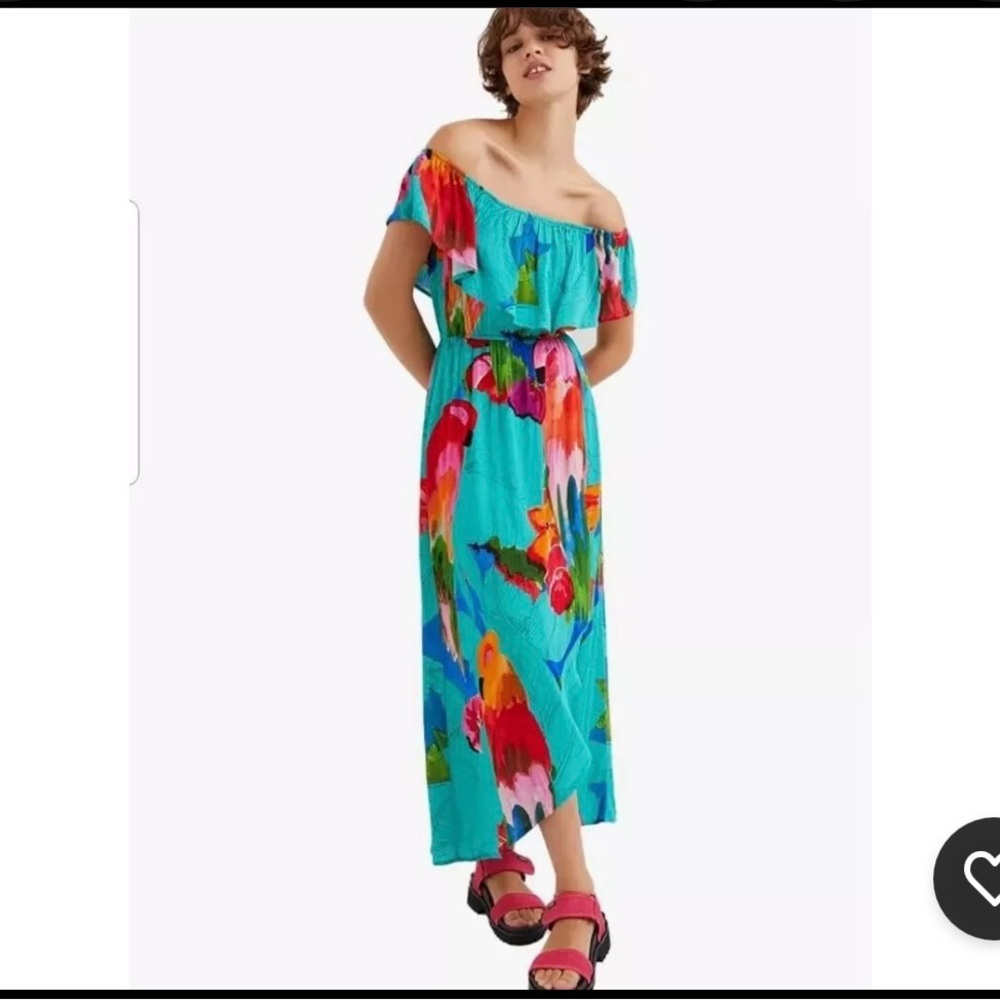 Multicolor Maxi Off-Shoulder Dress w/ summery tropical pattern. Size XL